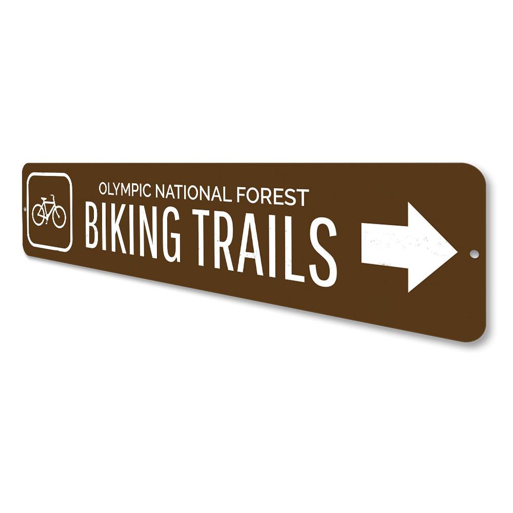 Custom Biking Trails Sign made from durable aluminum, featuring personalized text options and pre-drilled holes for easy mounting.