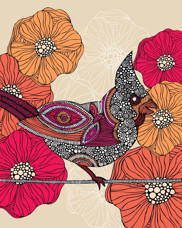 Billy the Cardinal archival art print featuring vibrant colors and intricate pen and ink details, signed by the artist.