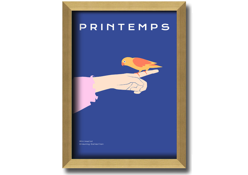 A beautifully framed print of a bird perched on a hand, showcasing intricate details and vibrant colors, available in various frame colors.