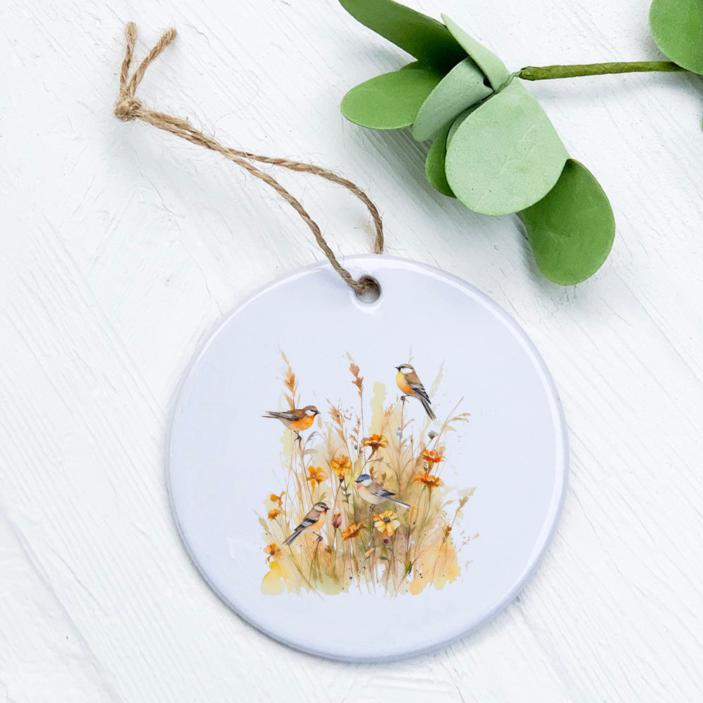 A beautifully crafted porcelain ornament featuring birds in tall grass, showcasing vibrant colors and a glossy finish.
