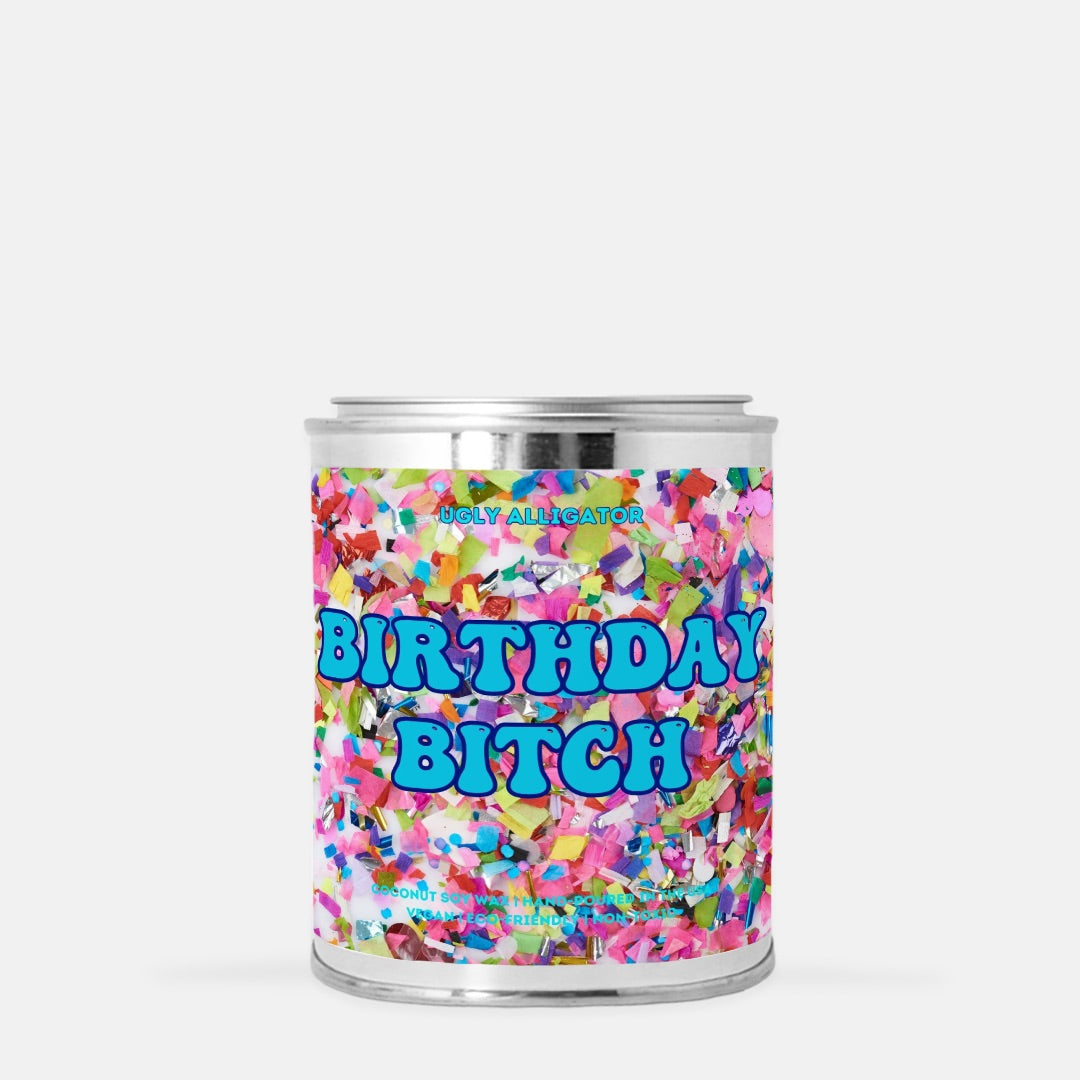Birthday Bitch Candle Paint Can, hand-poured 16 oz. candle with eco-friendly coconut soy wax and wood wick, featuring a matte finish label.