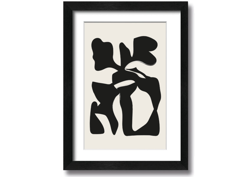 A framed Black Abstract Splodge print showcasing a unique abstract design, available in various frame colours.