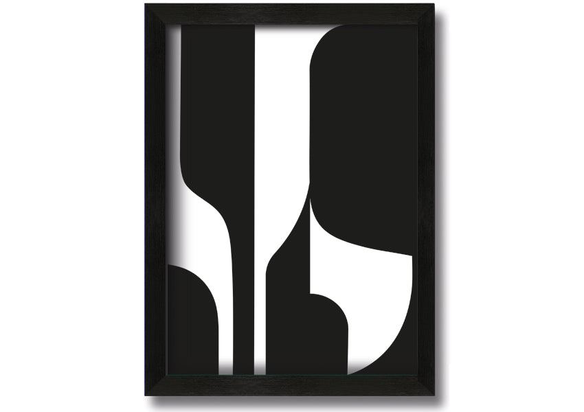A stylish black and white framed print featuring geometric shapes, ready to hang, showcasing modern art.