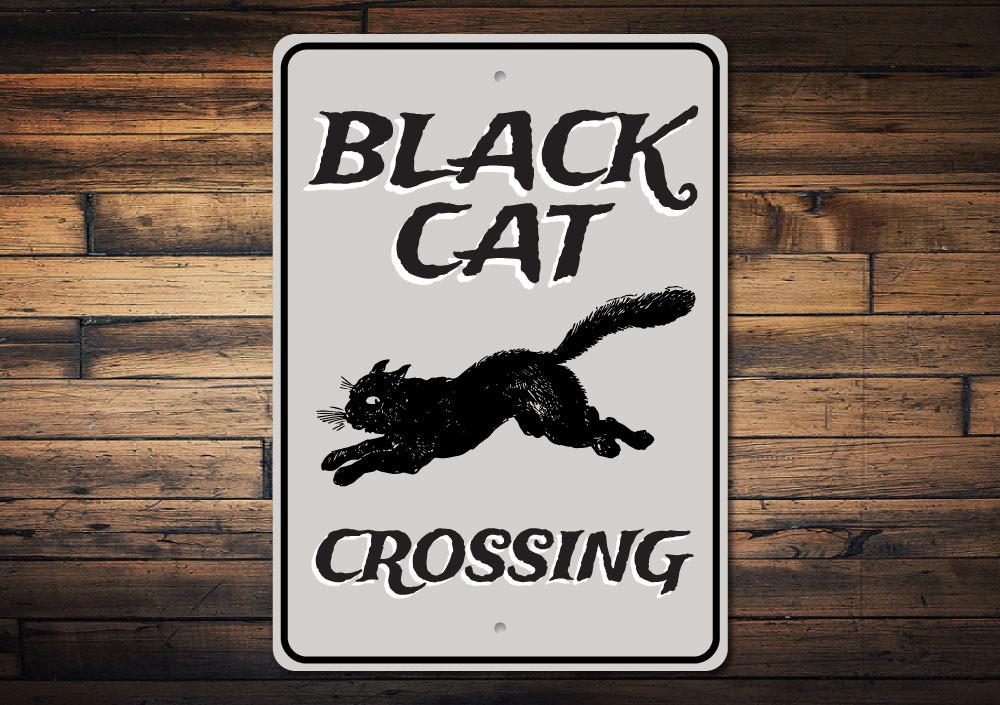 Black Cat Crossing Sign featuring a spooky black cat silhouette on a decorative background, perfect for Halloween decor.
