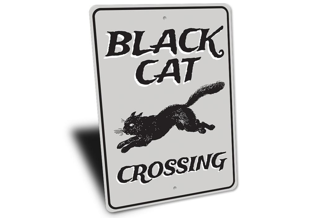 Black Cat Crossing Sign featuring a spooky black cat silhouette on a decorative background, perfect for Halloween decor.