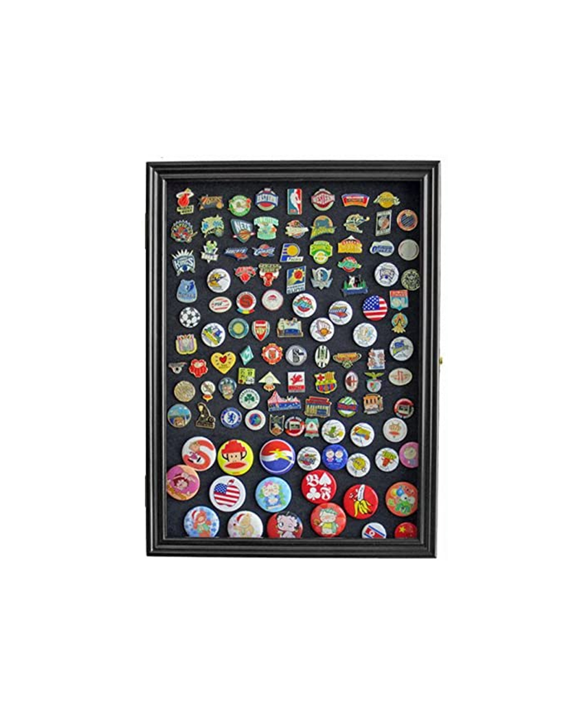 Elegant black finish display case wall frame cabinet for military medals, handcrafted from solid beech hardwood with glass door and black felt background.
