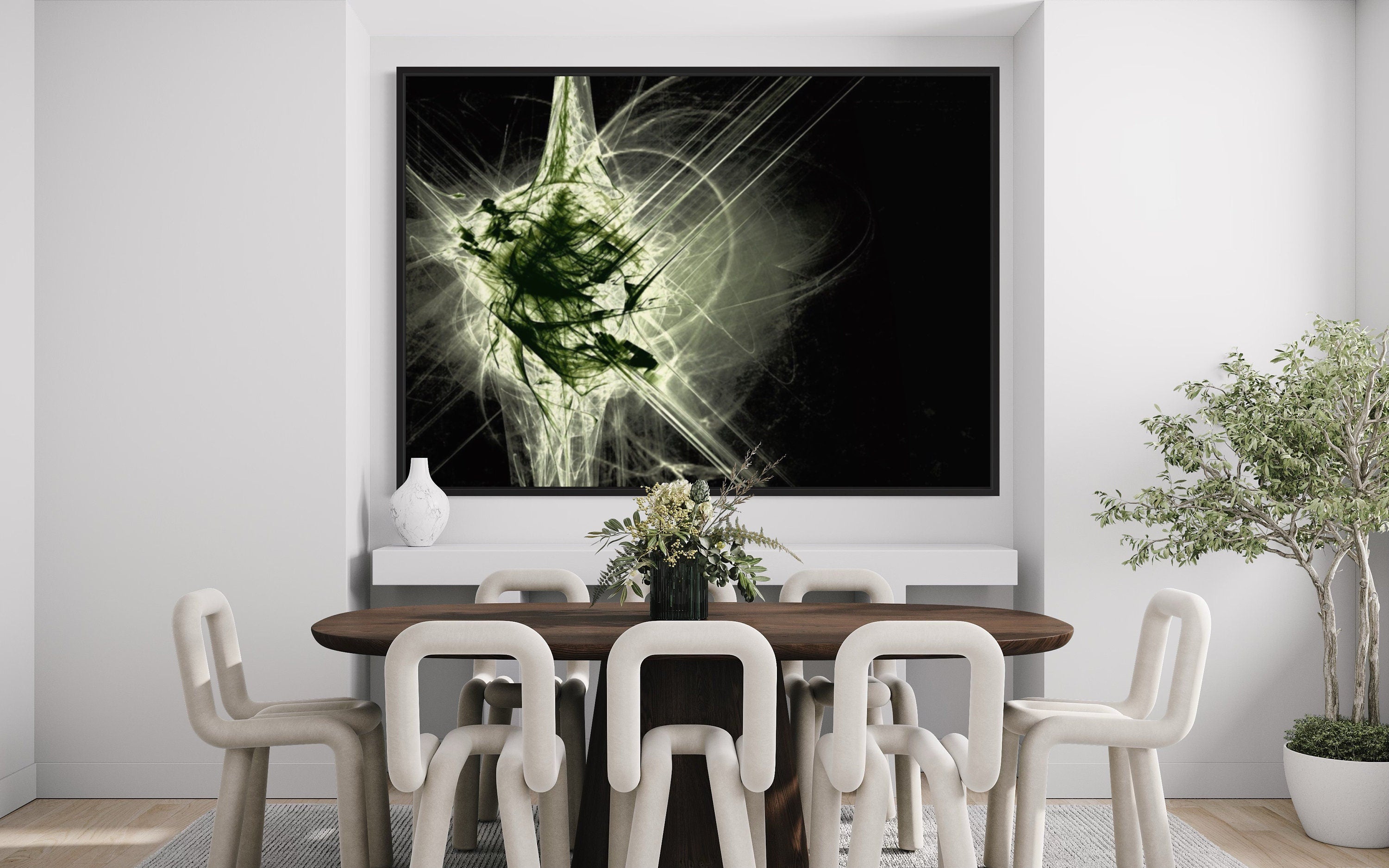A captivating Black & Green Long Exposure Light Print featuring vibrant green and white lights against a deep black background.