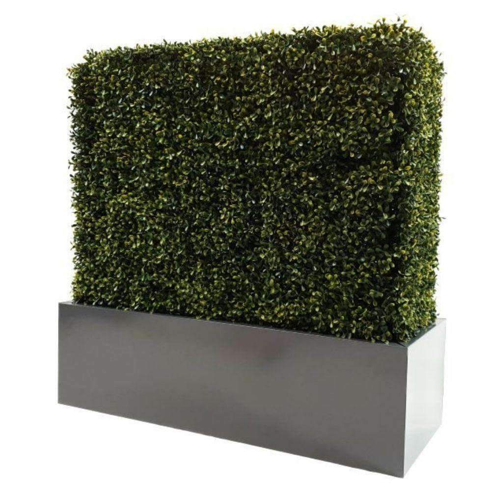 Large black metal planter designed for faux hedges, featuring a sleek powder-coated finish and pre-drilled holes for easy assembly.