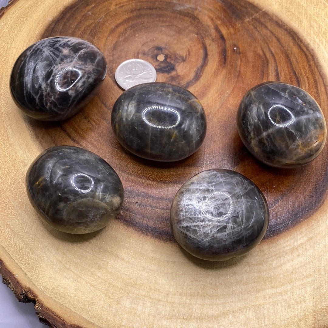 A collection of polished Black Moonstone Nuggets showcasing their unique sheen and dark-light color contrast.