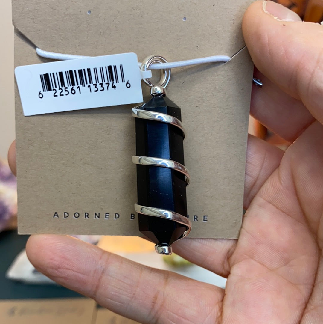 Black Obsidian Silver Wrapped Double Terminated Point Pendant showcasing unique crystal design and sterling silver wrapping.