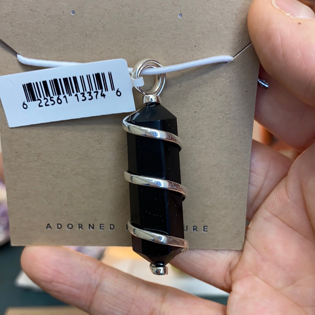 Black Obsidian Silver Wrapped Double Terminated Point Pendant showcasing unique crystal design and sterling silver wrapping.