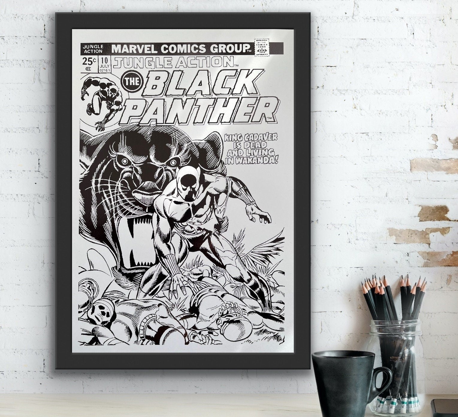 Black Panther comic cover foil print featuring sleek black foil accents and iconic superhero imagery.
