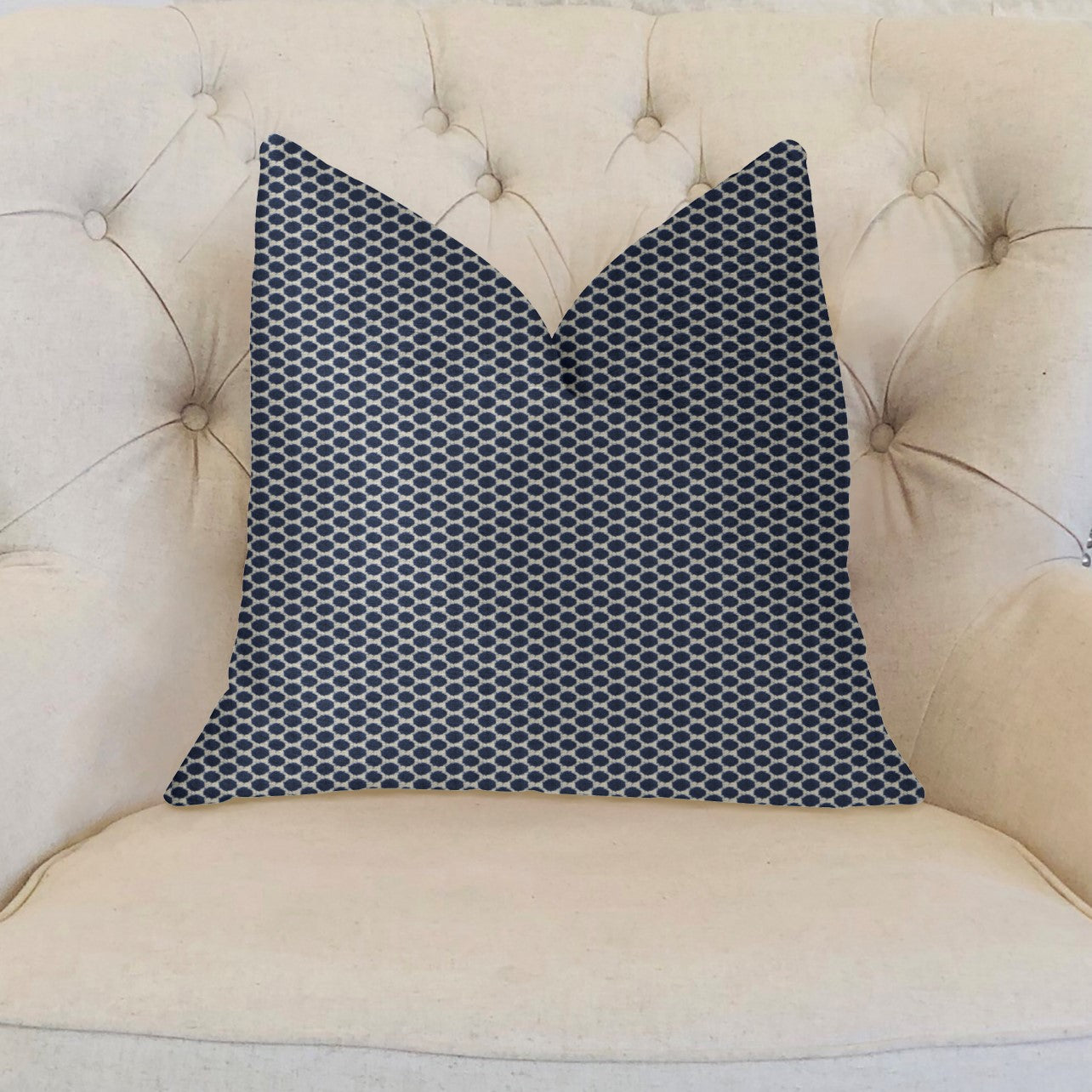 Blackwell Blue and Beige Luxury Throw Pillow featuring a dotted pattern, handmade in the USA with a soft polyester fabric.