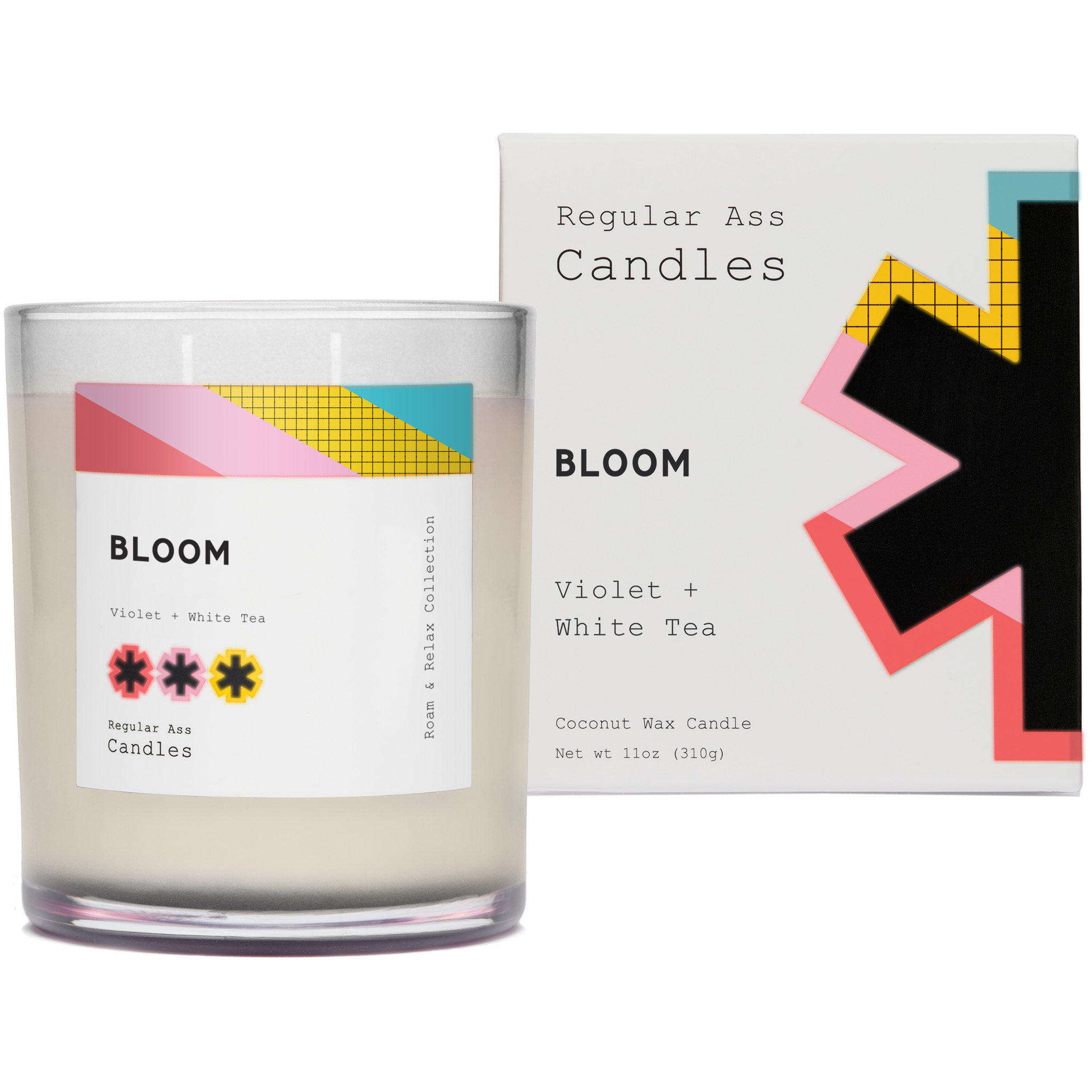 Bloom, Violet + White Tea 11oz Candle in a reusable jar with floral design, showcasing its eco-friendly and elegant appeal.