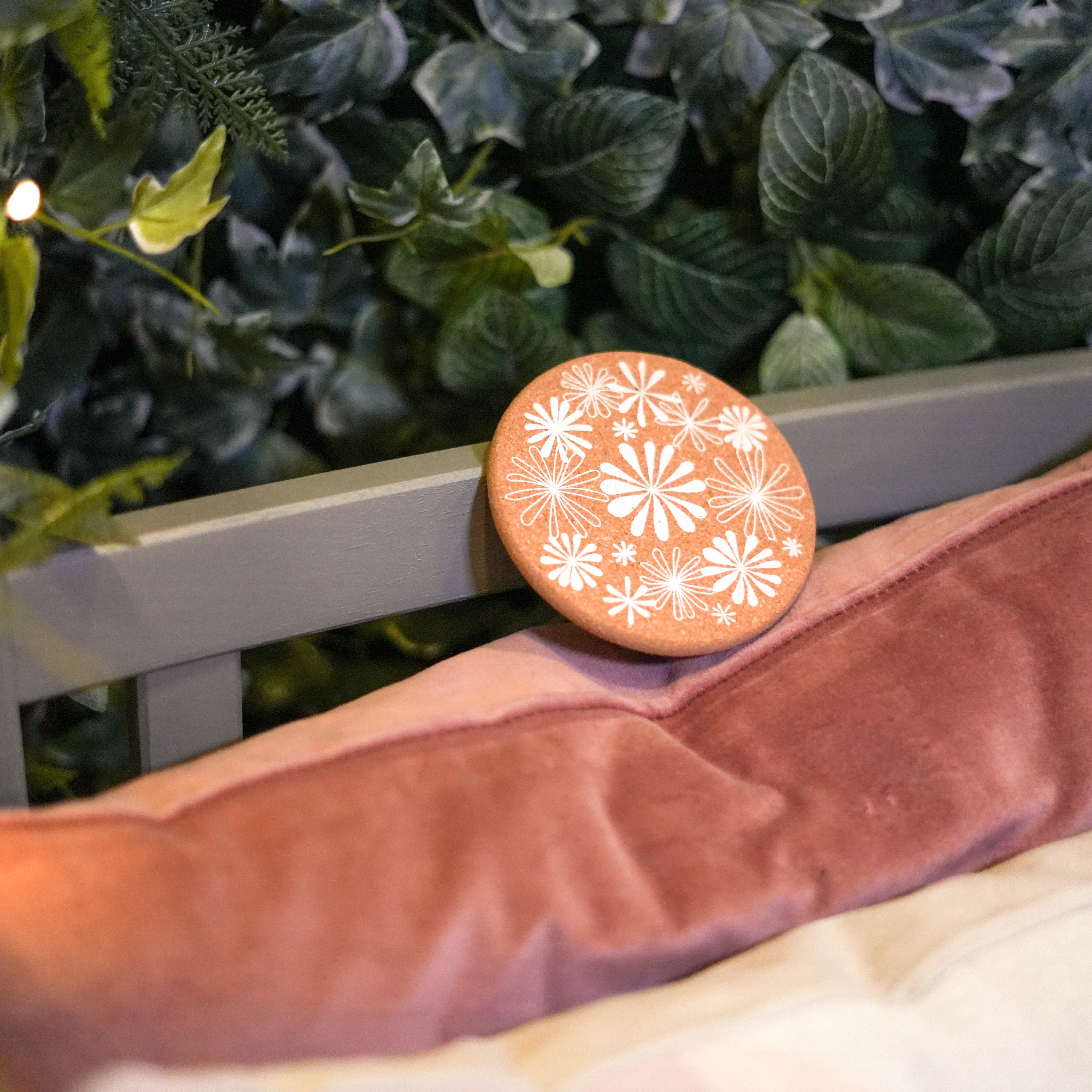 Blossom Floral Black and White Cork Coaster Set featuring six stylish coasters with floral designs, perfect for home decor and gifts.