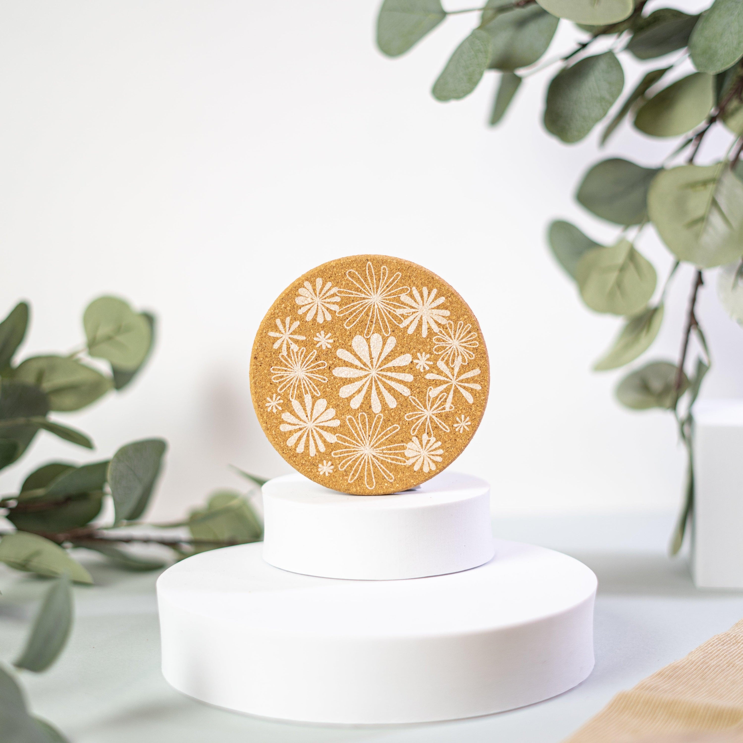 Blossom Floral Black and White Cork Coaster Set featuring six stylish coasters with floral designs, perfect for home decor and gifts.