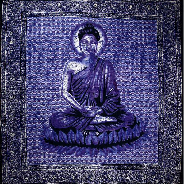A vibrant Blue Buddha tapestry depicting Buddha meditating on a lotus flower, showcasing intricate batik design and rich colors.