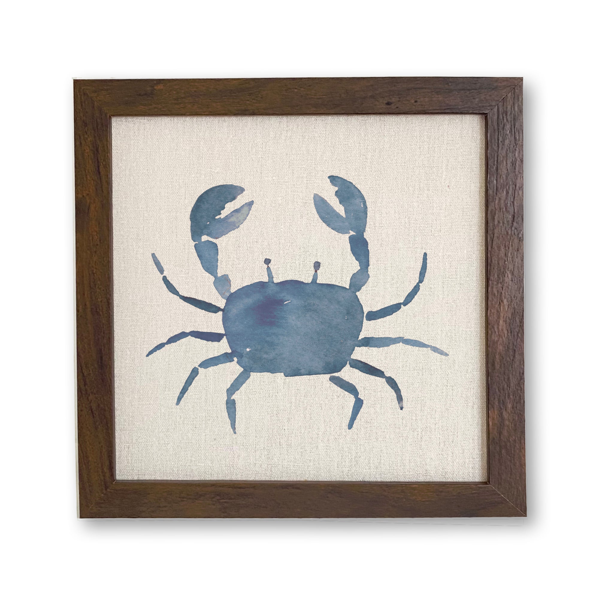 A beautifully framed sign featuring a blue crab design, set against a linen-look neutral background, perfect for coastal decor.