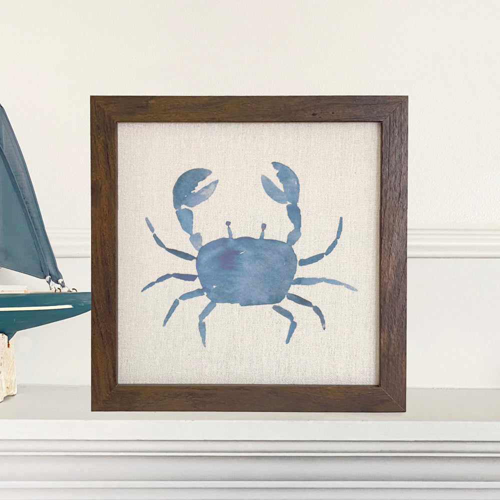 Stylish Blue Crab Framed Sign with a linen-look background and wood frame options.
