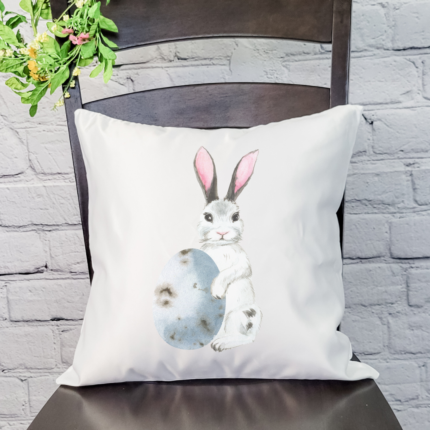 Blue Egg Bunny Pillow Cover featuring a whimsical bunny design on a soft linen fabric, perfect for Spring and Easter decor.