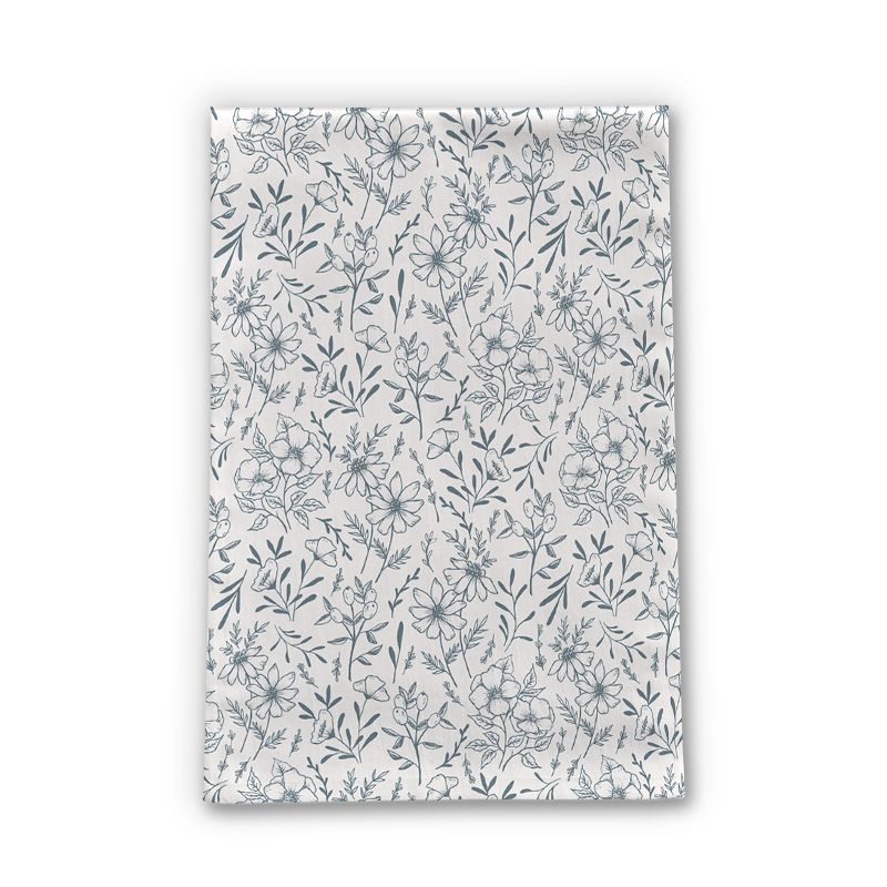 Blue Gray Flower Tea Towel featuring a floral design on cotton twill fabric, perfect for kitchen use.