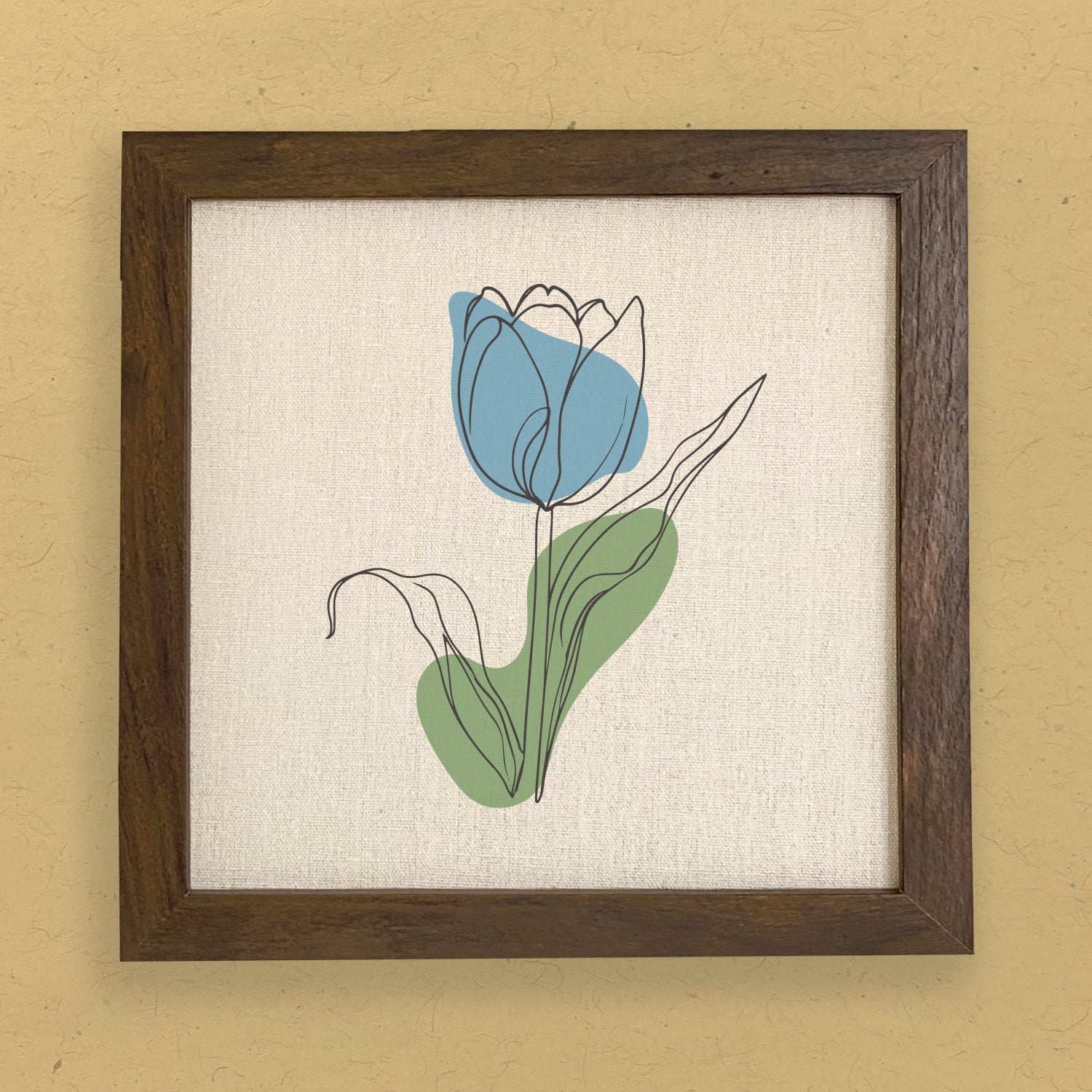 A beautifully framed sign featuring a hand-drawn blue tulip design on a neutral linen-look background, available in walnut or white-washed frame.