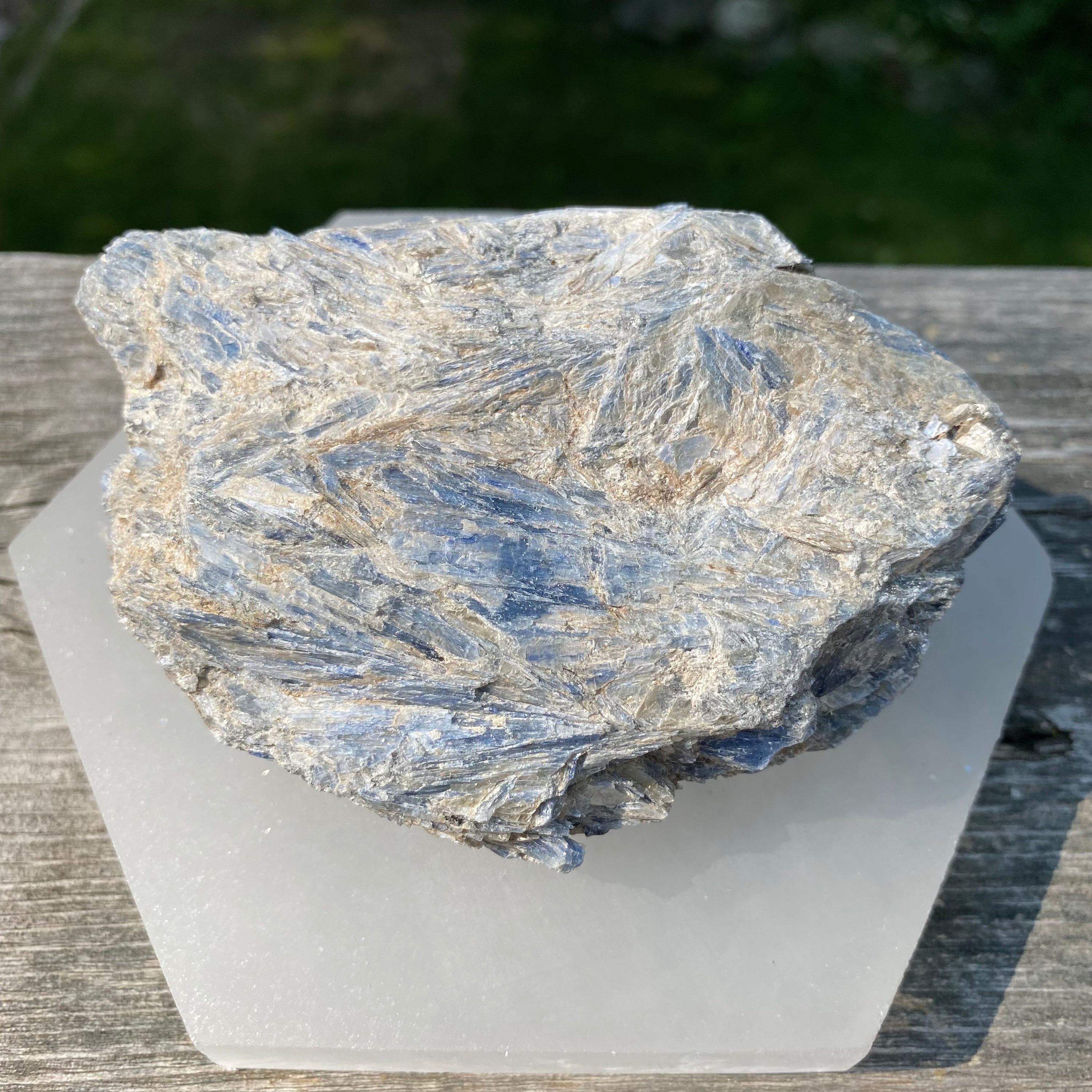 A beautiful light blue Kyanite cluster with Mica inclusions, showcasing its unique natural formations.
