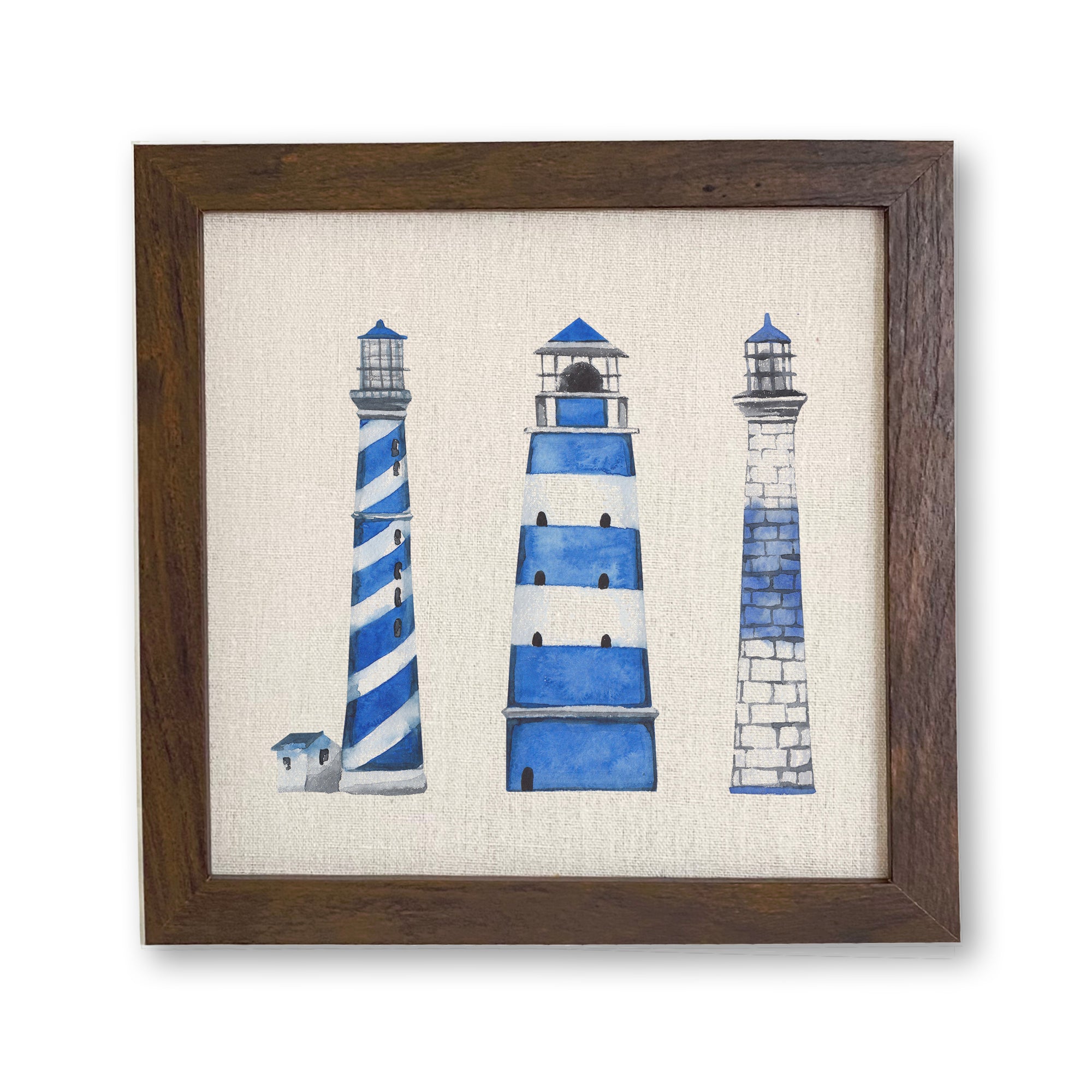 A beautifully framed sign featuring blue lighthouses on a neutral linen-look background, perfect for home decor.