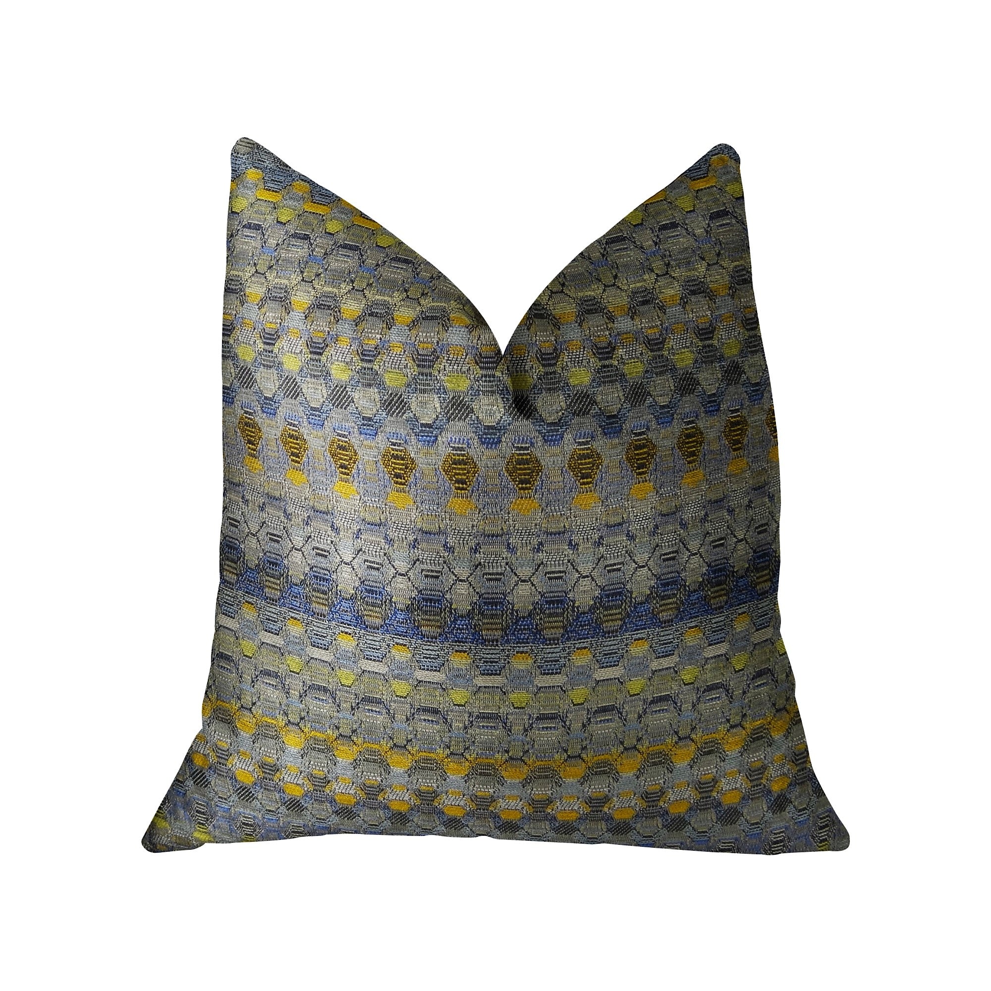 Blue Wynne luxury pillow featuring a blue navy and yellow geometric design, handmade in the USA with an invisible zipper enclosure.