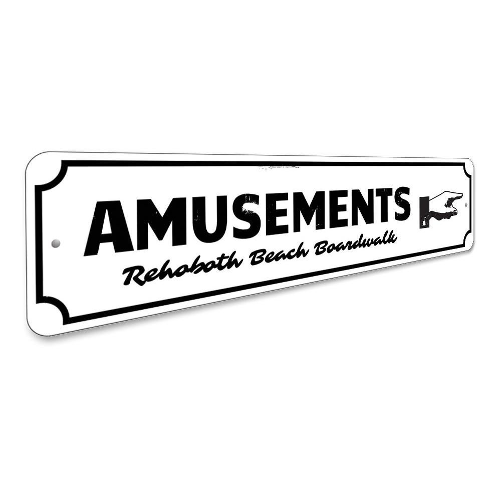 A vibrant Boardwalk Amusements Sign made from high-quality aluminum, featuring customizable text and pre-drilled holes for easy mounting.