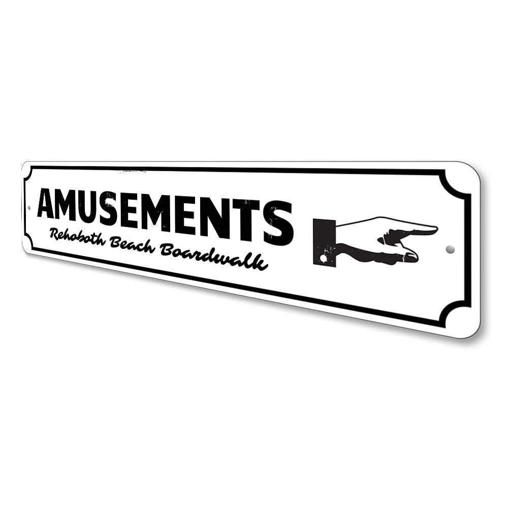 A vibrant Boardwalk Amusements Sign made from high-quality aluminum, featuring customizable text and pre-drilled holes for easy mounting.