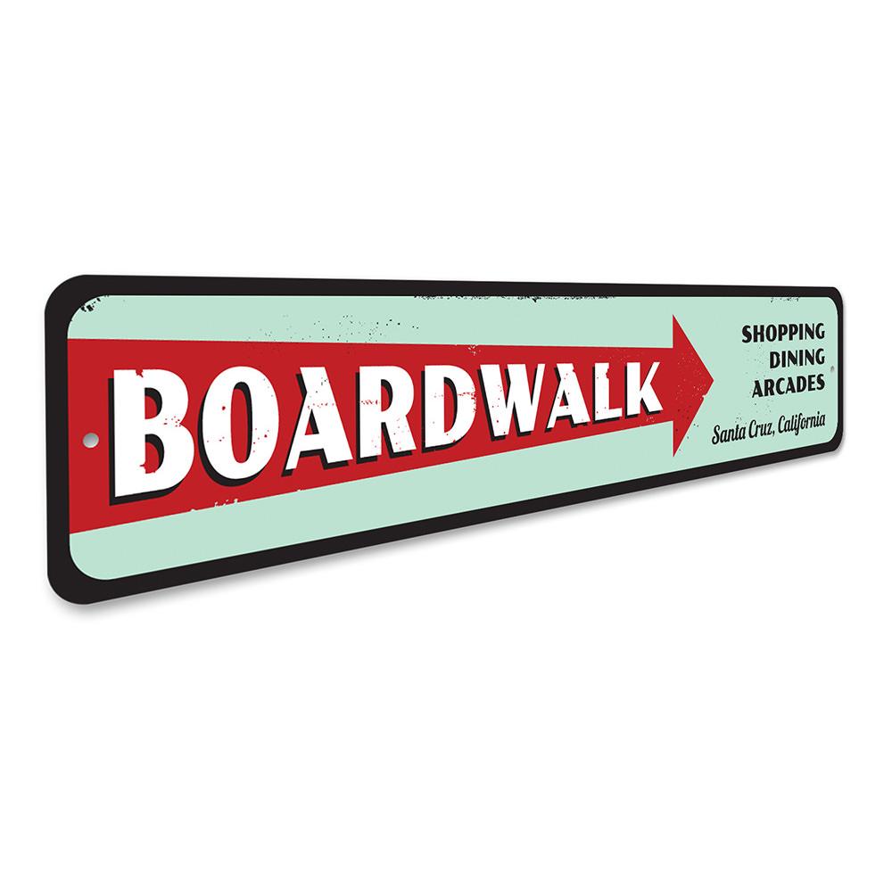 A beautifully crafted Boardwalk Directional Sign made of high-quality aluminum, featuring customizable text for beach-themed decor.