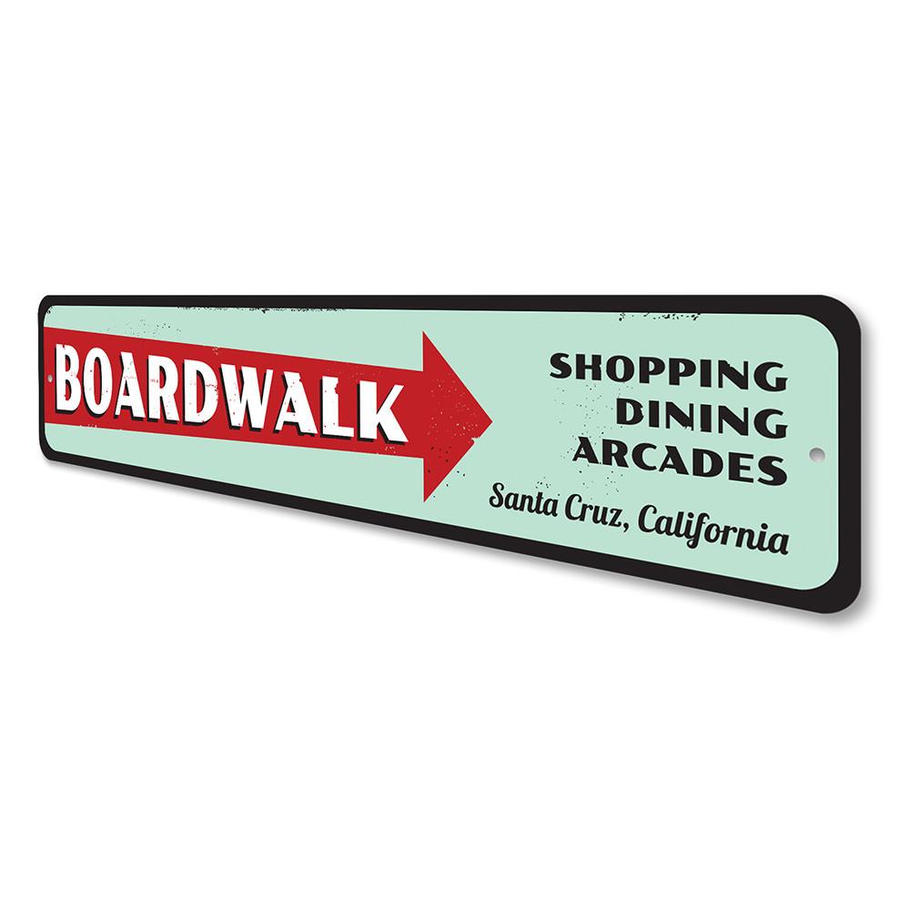 A beautifully crafted Boardwalk Directional Sign made of high-quality aluminum, featuring customizable text for beach-themed decor.