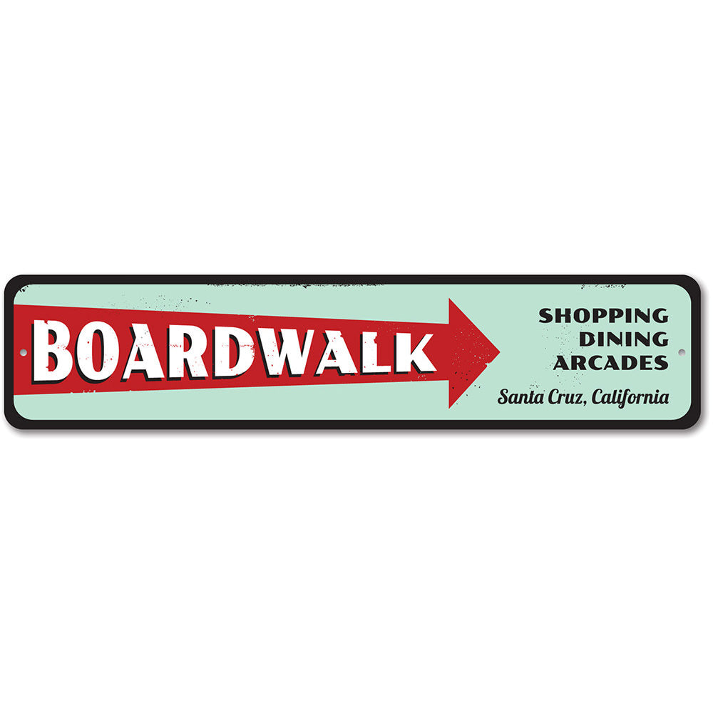 A beautifully crafted Boardwalk Directional Sign made of high-quality aluminum, featuring customizable text for beach-themed decor.