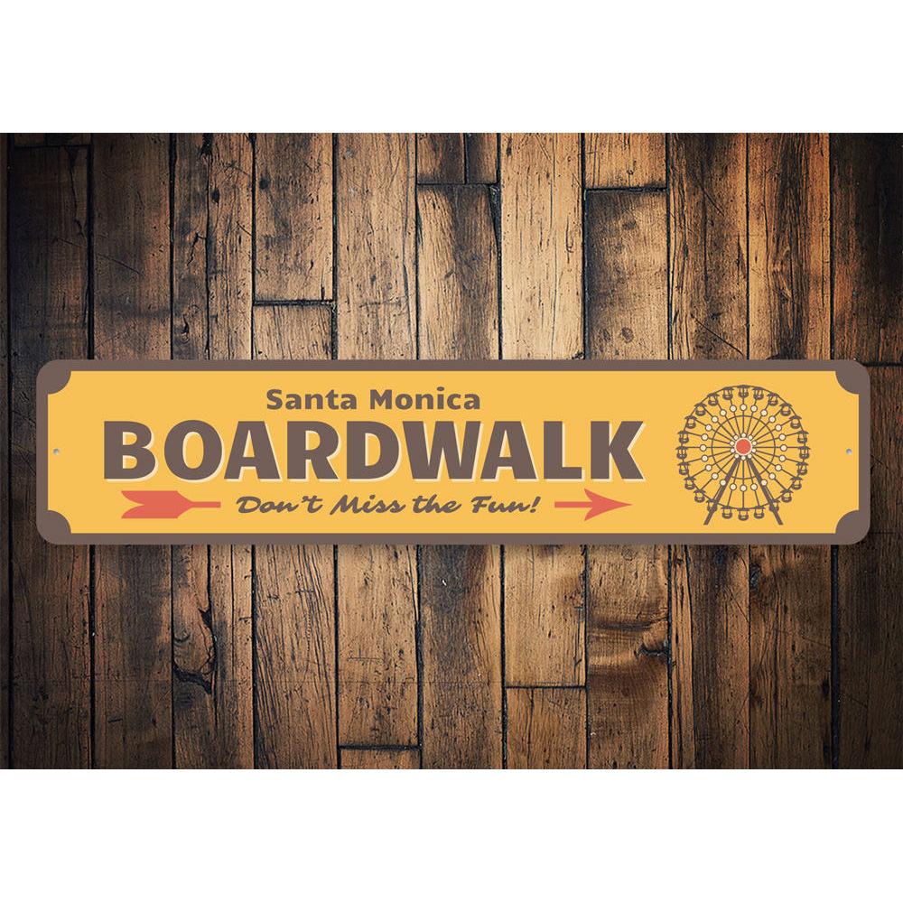 A decorative Boardwalk Ferris Wheel Sign made of high-quality aluminum, featuring vibrant colors and a whimsical design, perfect for home decor.