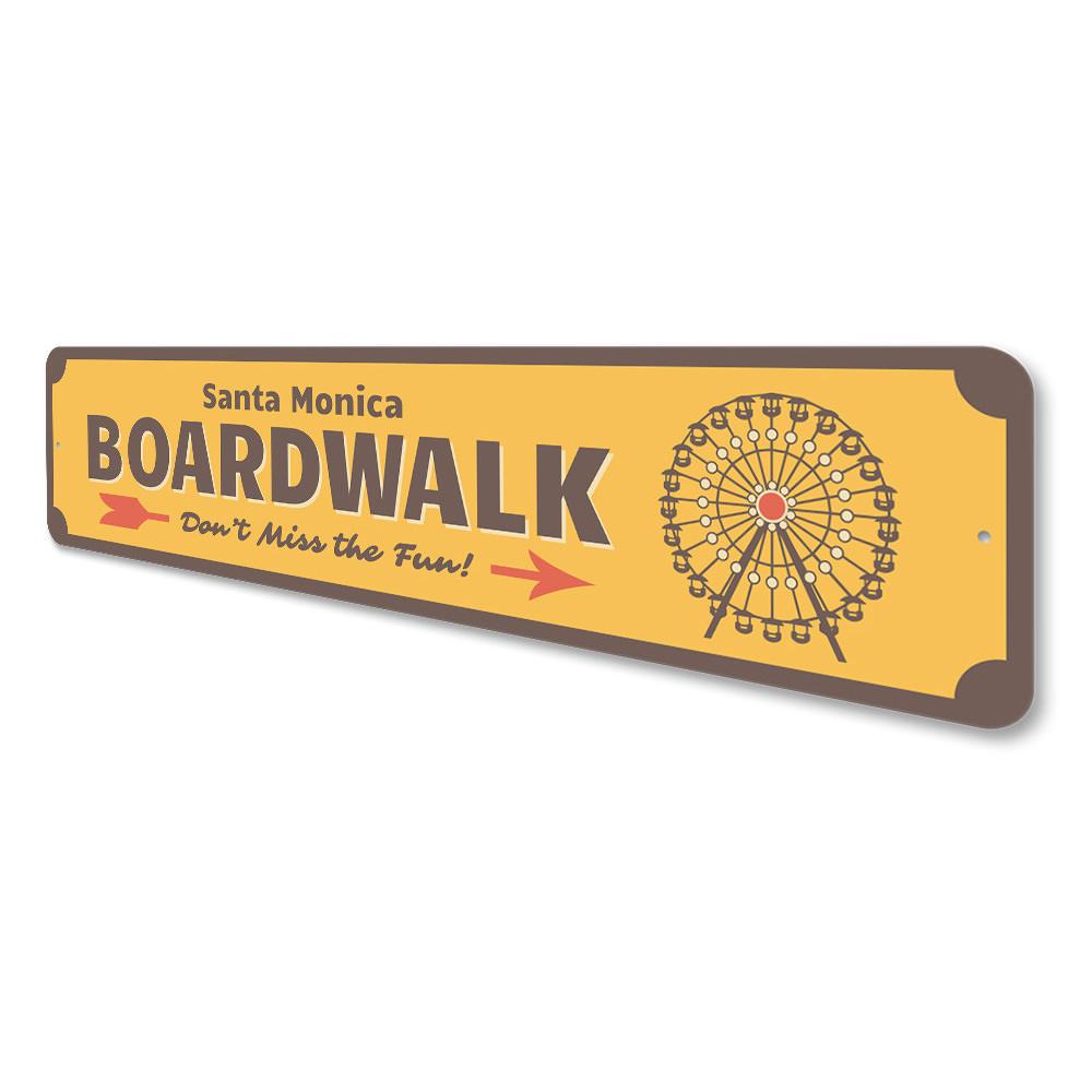 A decorative Boardwalk Ferris Wheel Sign made of high-quality aluminum, featuring vibrant colors and a whimsical design, perfect for home decor.