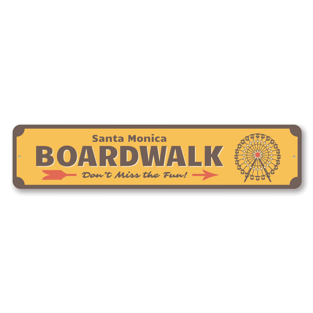 A decorative Boardwalk Ferris Wheel Sign made of high-quality aluminum, featuring vibrant colors and a whimsical design, perfect for home decor.