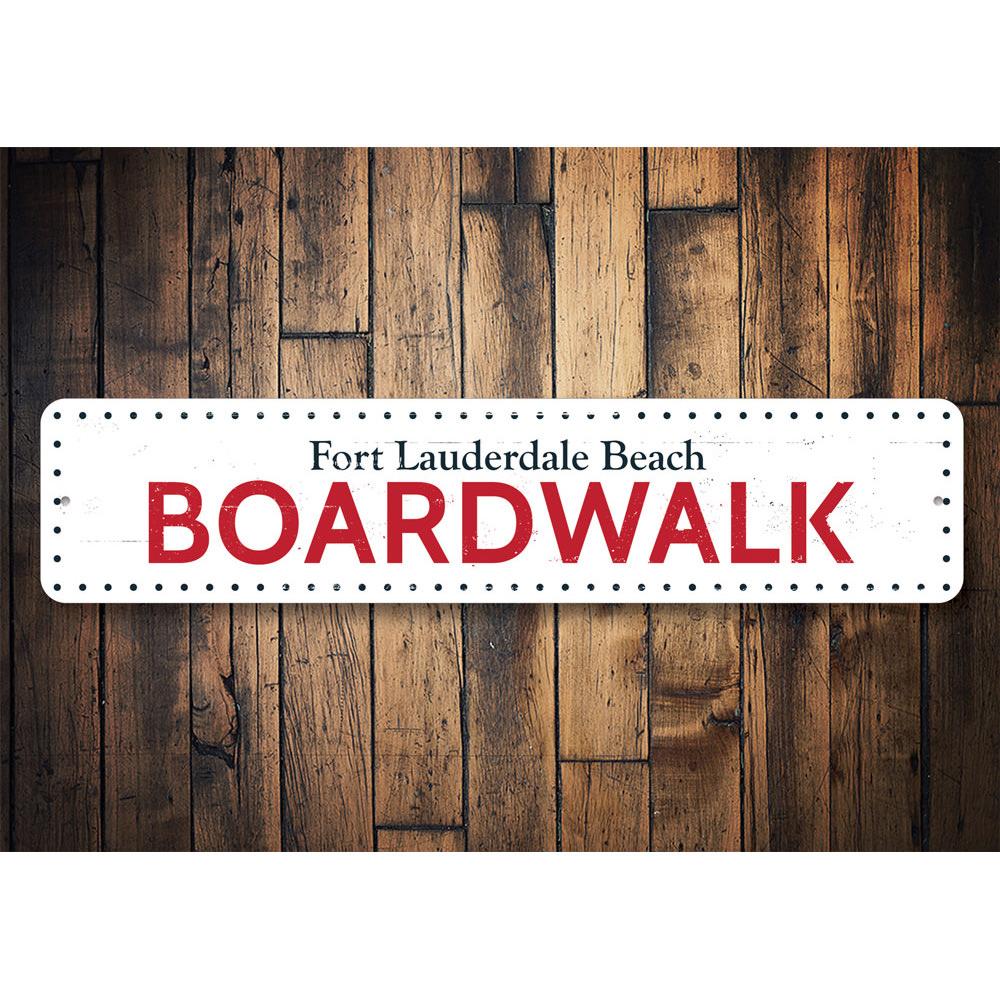 A vibrant Boardwalk Marquee Sign made of high-quality aluminum, featuring customizable text, perfect for beach-themed decor.