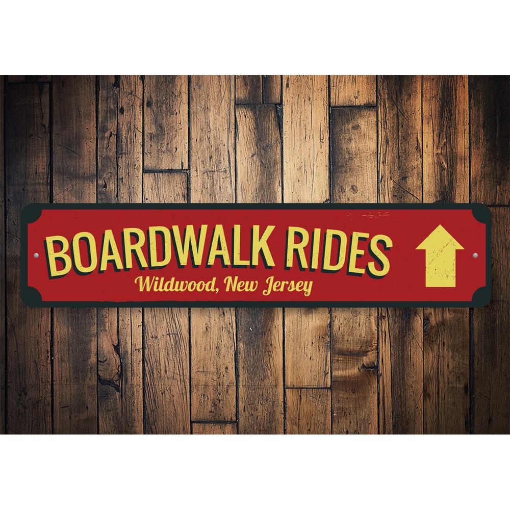 Boardwalk Rides Arrow Sign made of high-quality aluminum, featuring vibrant colors and customizable text options, perfect for home decor.