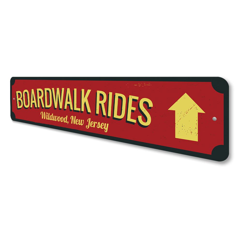 Boardwalk Rides Arrow Sign made of high-quality aluminum, featuring vibrant colors and customizable text options, perfect for home decor.