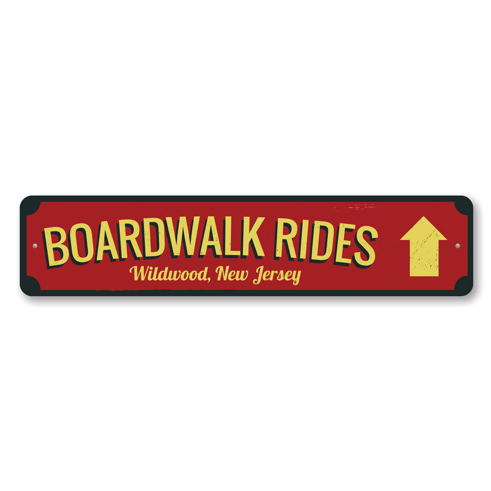 Boardwalk Rides Arrow Sign made of high-quality aluminum, featuring vibrant colors and customizable text options, perfect for home decor.