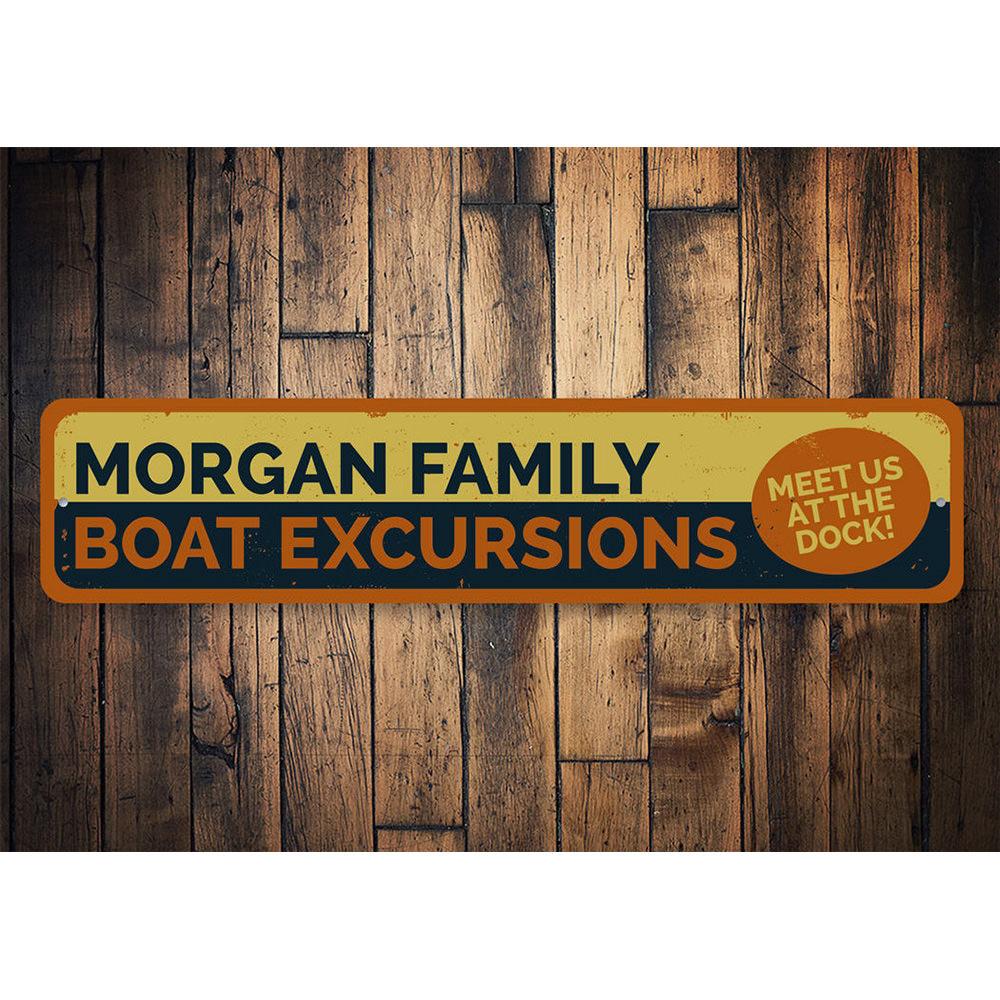 A beautifully crafted Boat Excursions sign made from high-quality aluminum, showcasing a scenic lake design, perfect for lakehouse decor.