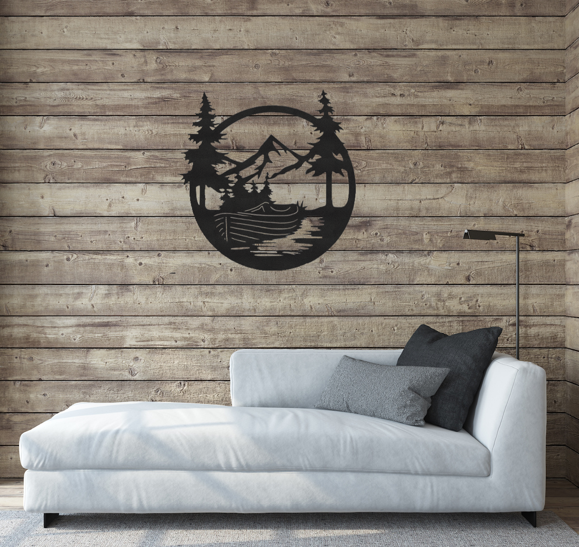 Boat Mountains Scene metal wall art featuring serene outdoor landscape, crafted from durable 16 gauge steel with a low gloss finish.