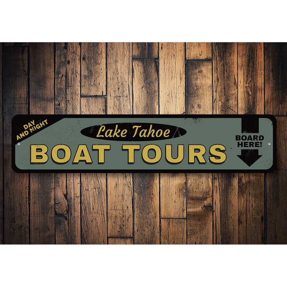 Customizable Boat Tours Sign made of high-quality aluminum, featuring a scenic lake design, perfect for lakehouse decor.