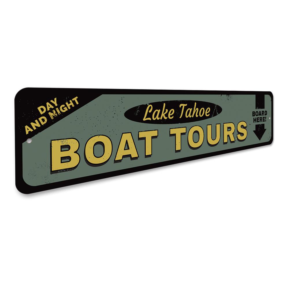 Customizable Boat Tours Sign made of high-quality aluminum, featuring a scenic lake design, perfect for lakehouse decor.
