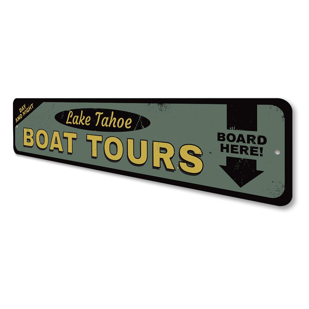 Customizable Boat Tours Sign made of high-quality aluminum, featuring a scenic lake design, perfect for lakehouse decor.