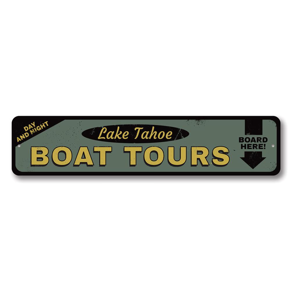 Customizable Boat Tours Sign made of high-quality aluminum, featuring a scenic lake design, perfect for lakehouse decor.