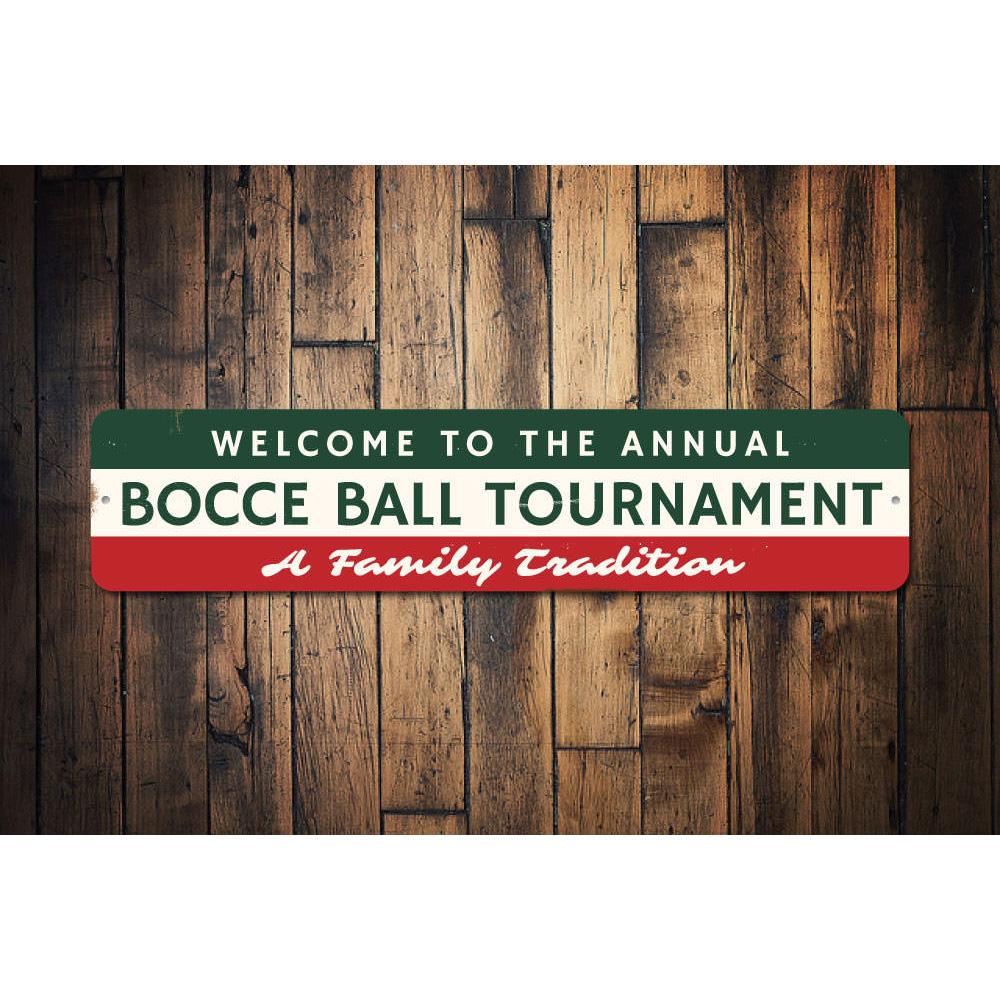Bocce Ball Tournament Sign made of high-quality aluminum, featuring vibrant colors and customizable text, perfect for game rooms and outdoor areas.