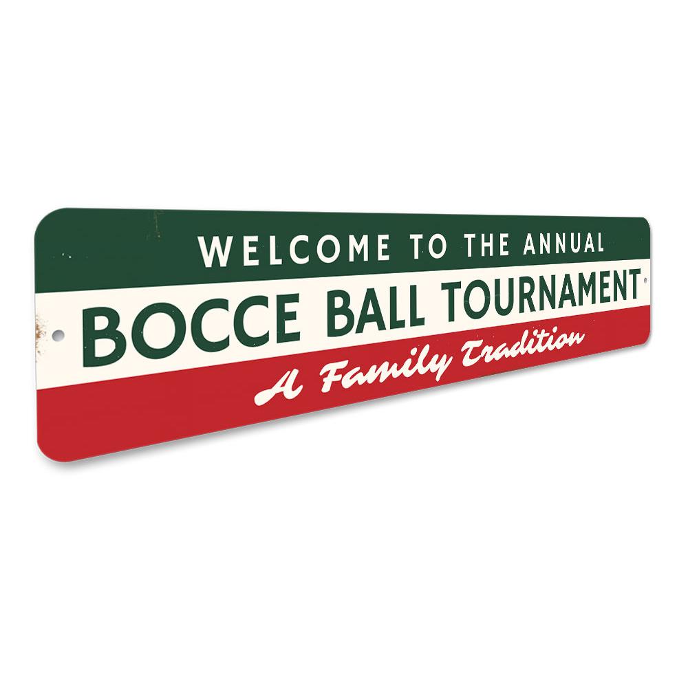 Bocce Ball Tournament Sign made of high-quality aluminum, featuring vibrant colors and customizable text, perfect for game rooms and outdoor areas.