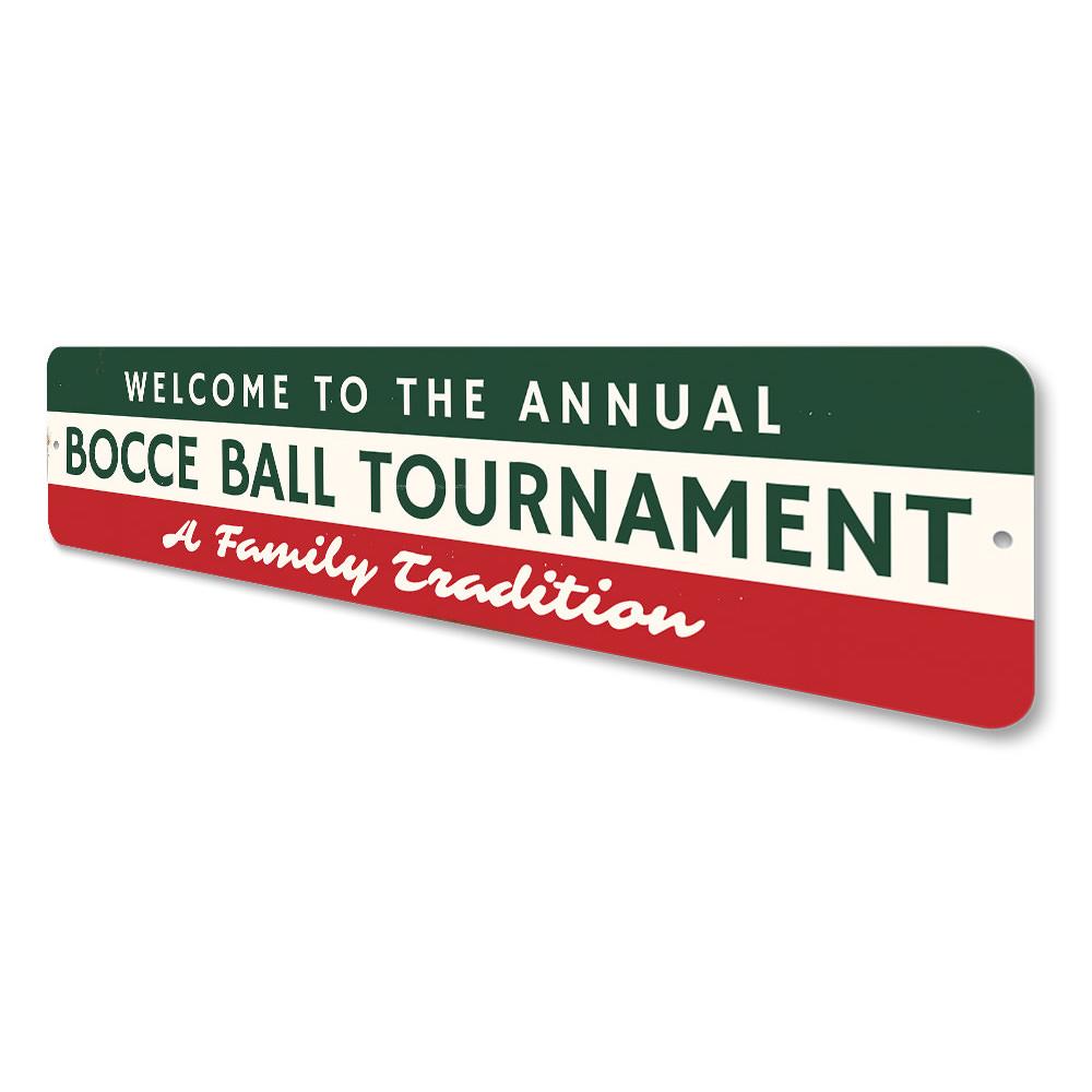 Bocce Ball Tournament Sign made of high-quality aluminum, featuring vibrant colors and customizable text, perfect for game rooms and outdoor areas.